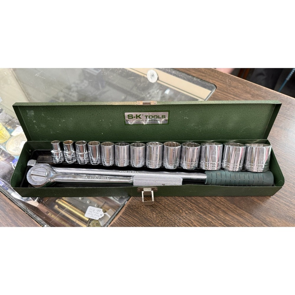 Vintage S-K TOOLS 1/2" Drive Socket Set 15 42470 Ratchet & Breaker Bar Nice!